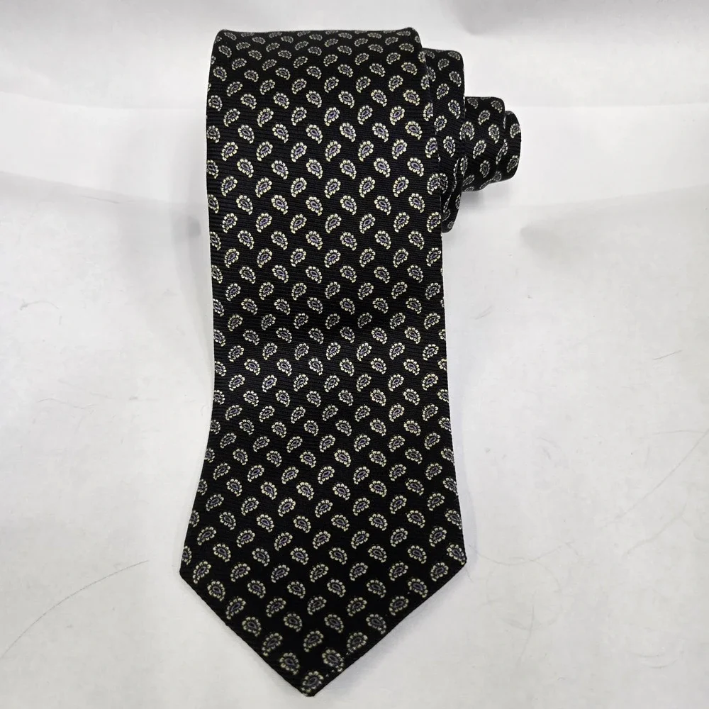 Polo Ralph Lauren Black Micro Paisley Silk Tie Made in USA Italian Fabric 56